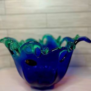 Heavy Murano Hand Made Blue & Green Crystal 7.5" Centerpiece Bowl from Italy